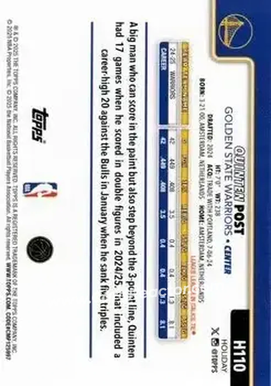 2025-26 Topps Holiday #H110 - Quinten Post - Golden State Warriors - Back