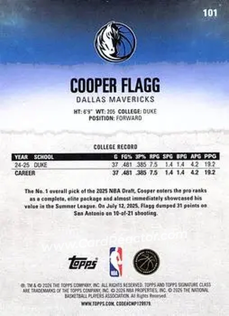 2025-26 Topps Signature Class #101 - Cooper Flagg - Dallas Mavericks - Back 2025-26 Topps Signature Class #101 - Cooper Flagg - Dallas Mavericks - Back
