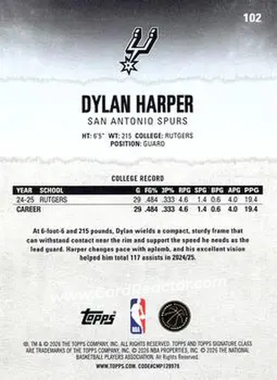 2025-26 Topps Signature Class #102 - Dylan Harper - San Antonio Spurs - Back