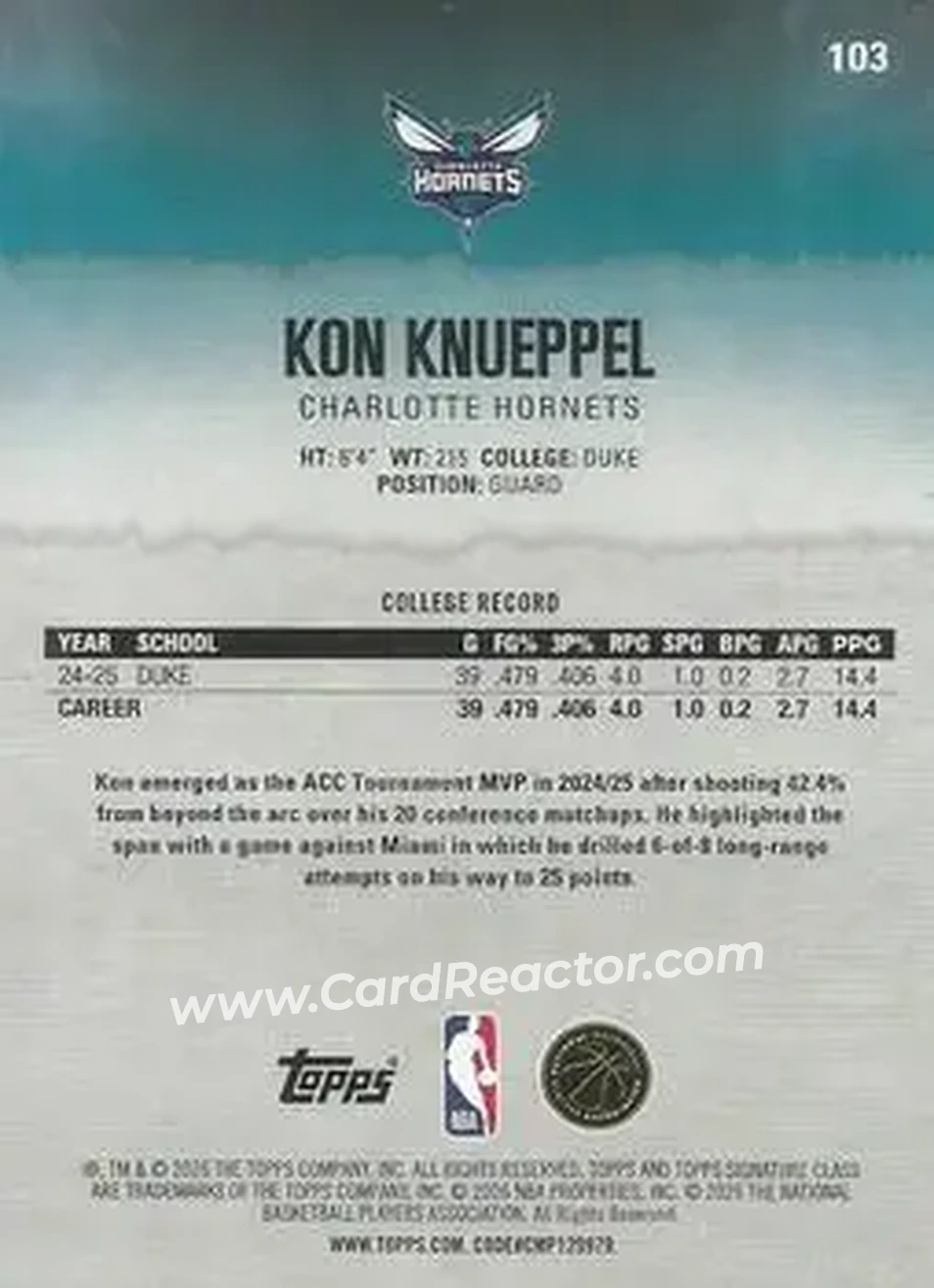 2025-26 Topps Signature Class #103 - Kon Knueppel - Charlotte Hornets - Back