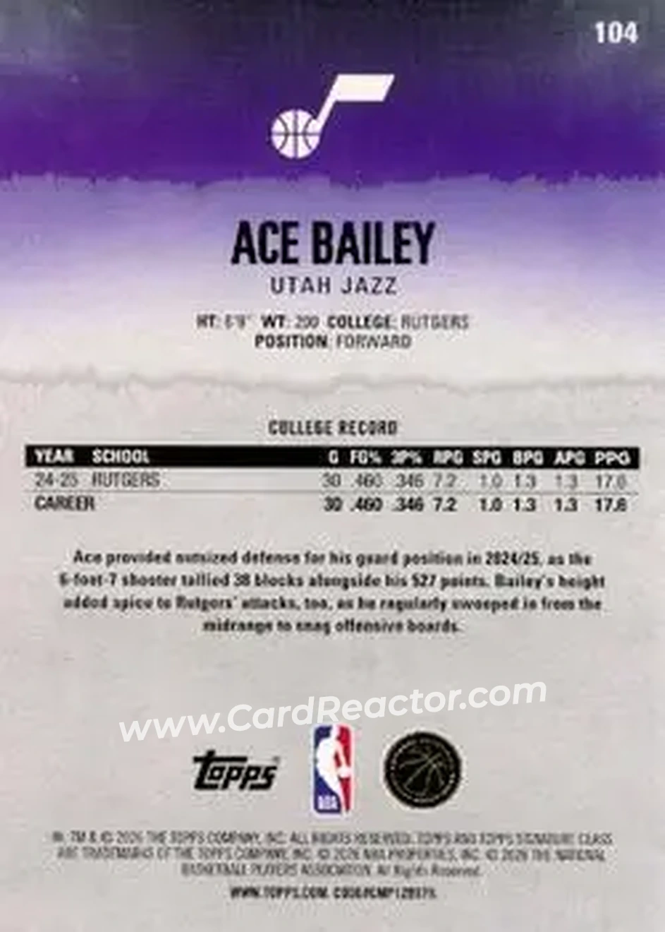 2025-26 Topps Signature Class #104 - Ace Bailey - Utah Jazz - Back