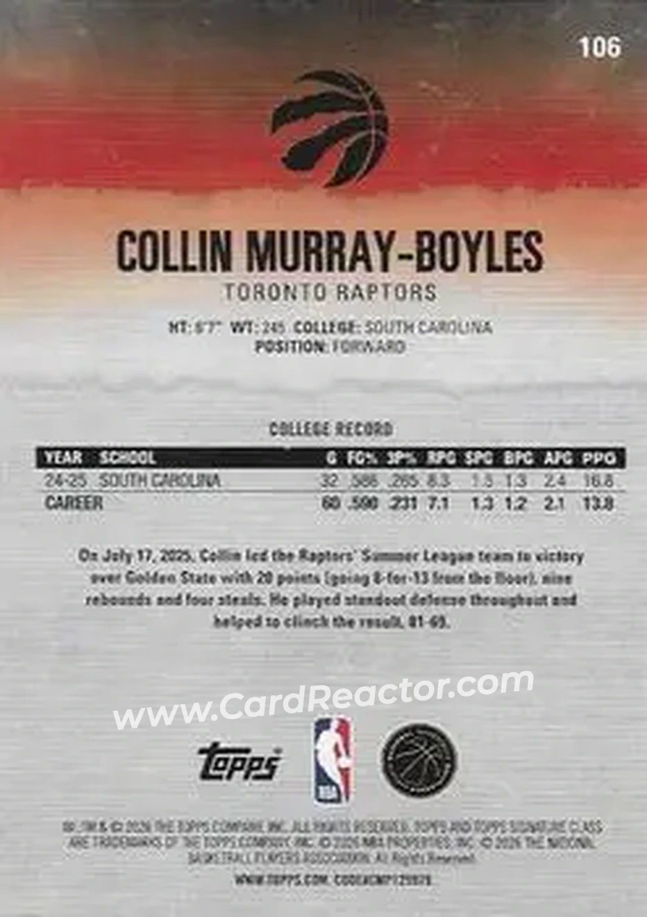 2025-26 Topps Signature Class #106 - Collin Murray-Boyles - Toronto Raptors - Back 2025-26 Topps Signature Class #106 - Collin Murray-Boyles - Toronto Raptors - Back