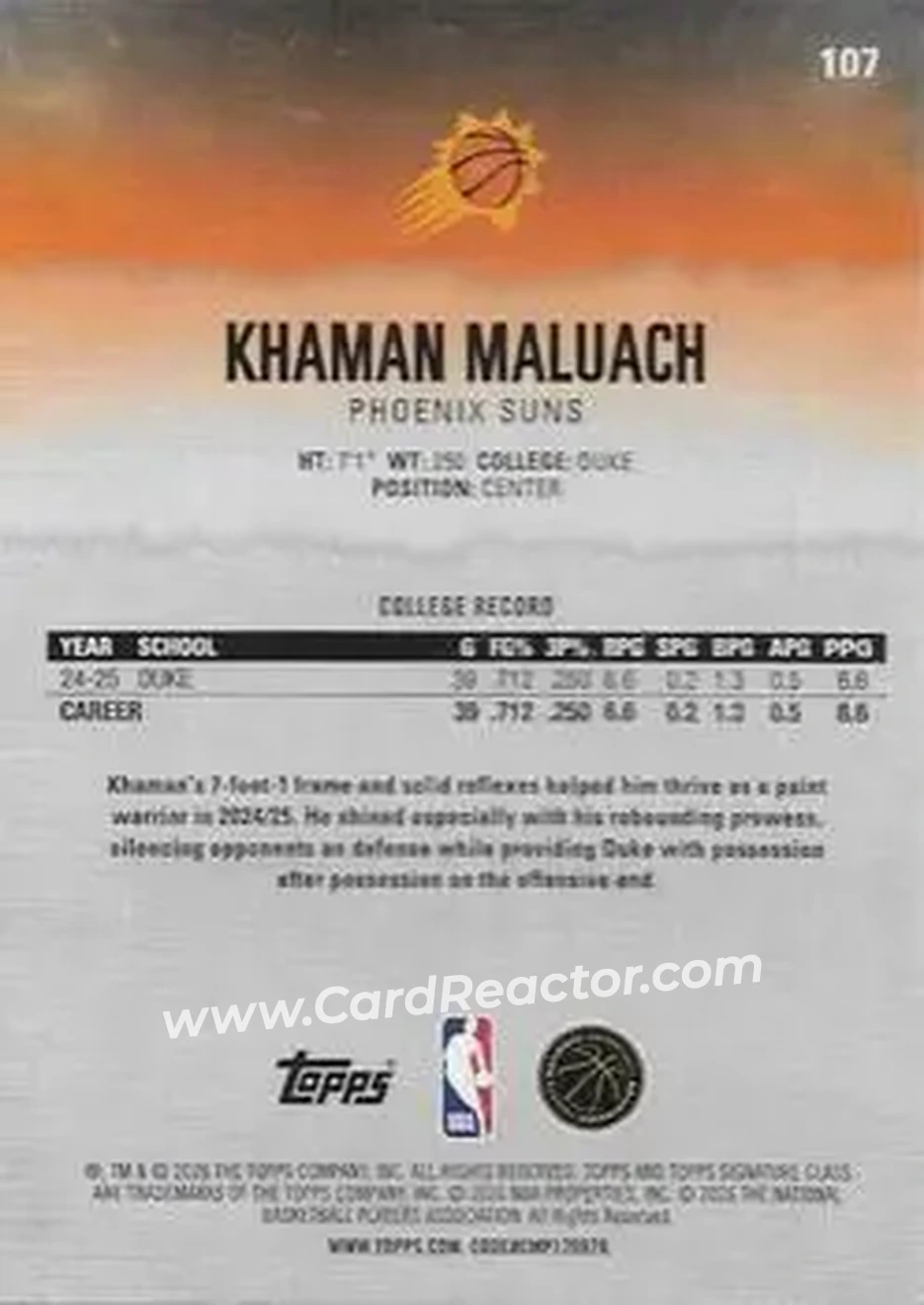 2025-26 Topps Signature Class #107 - Khaman Maluach - Phoenix Suns - Back