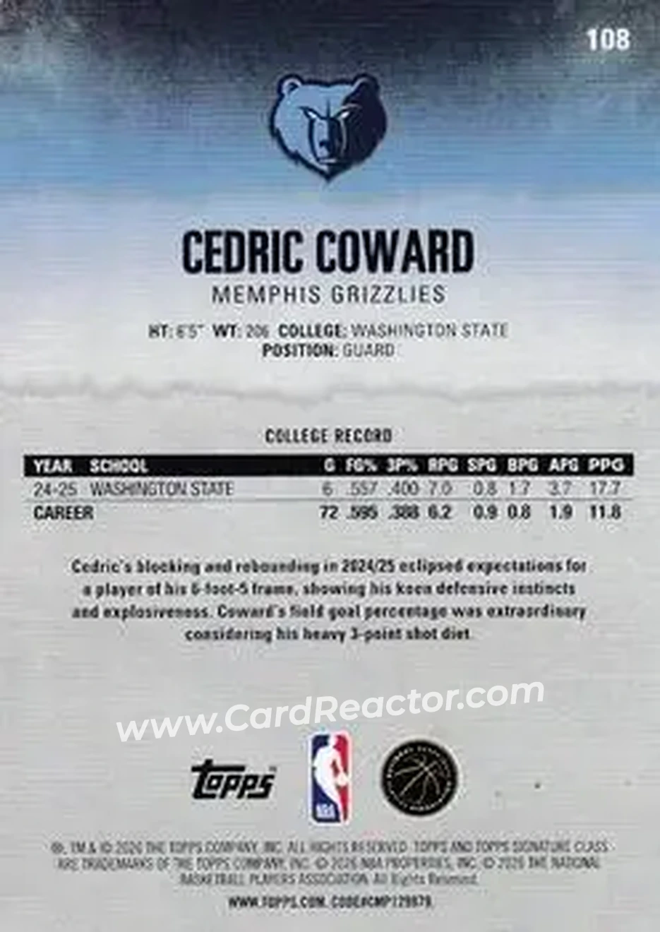 2025-26 Topps Signature Class #108 - Cedric Coward - Memphis Grizzlies - Back 2025-26 Topps Signature Class #108 - Cedric Coward - Memphis Grizzlies - Back