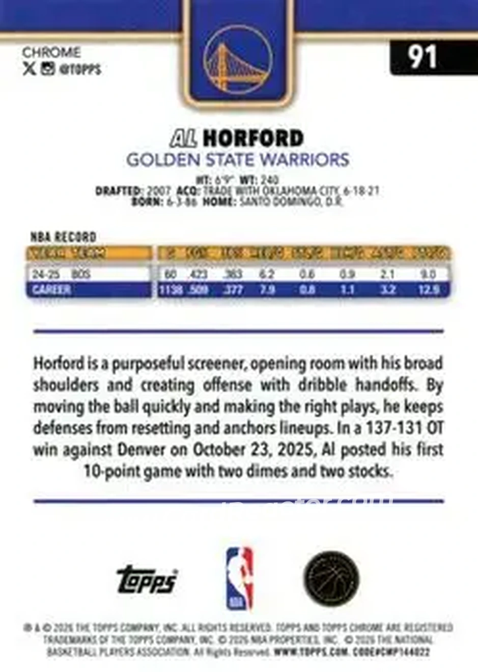 2025-26 Topps Chrome Update #91 - Al Horford - Golden State Warriors - Back 2025-26 Topps Chrome Update #91 - Al Horford - Golden State Warriors - Back