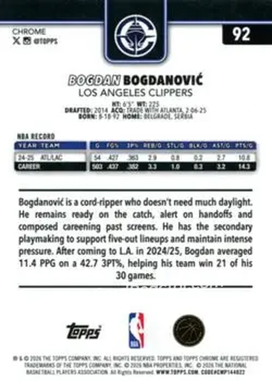 2025-26 Topps Chrome Update #92 - Bogdan Bogdanović - Los Angeles Clippers - Back