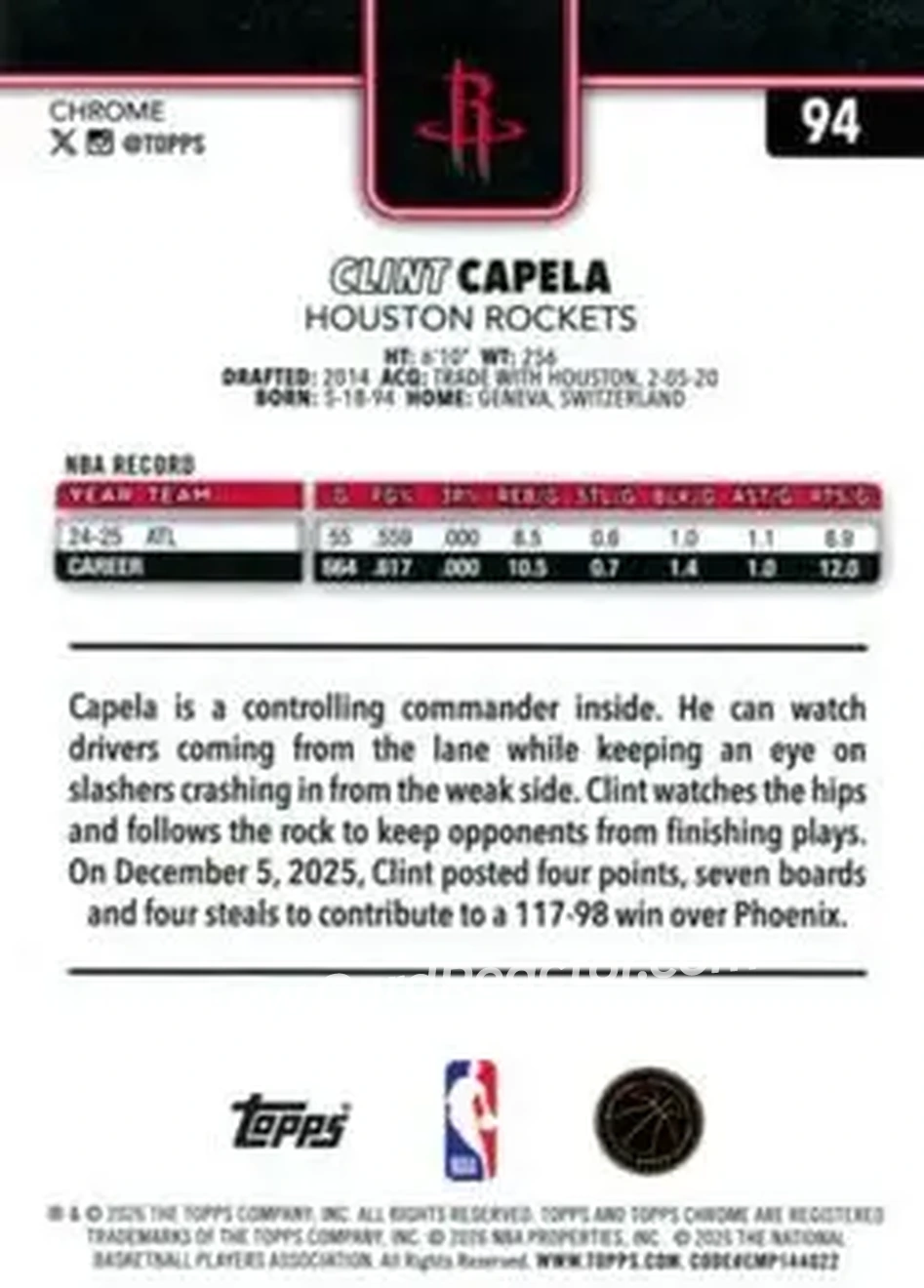 2025-26 Topps Chrome Update #94 - Clint Capela - Houston Rockets - Back 2025-26 Topps Chrome Update #94 - Clint Capela - Houston Rockets - Back
