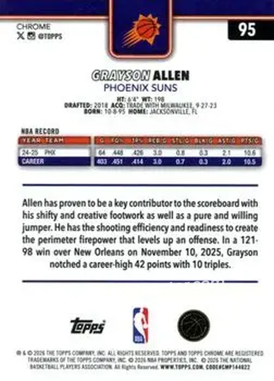 2025-26 Topps Chrome Update #95 - Grayson Allen - Phoenix Suns - Back