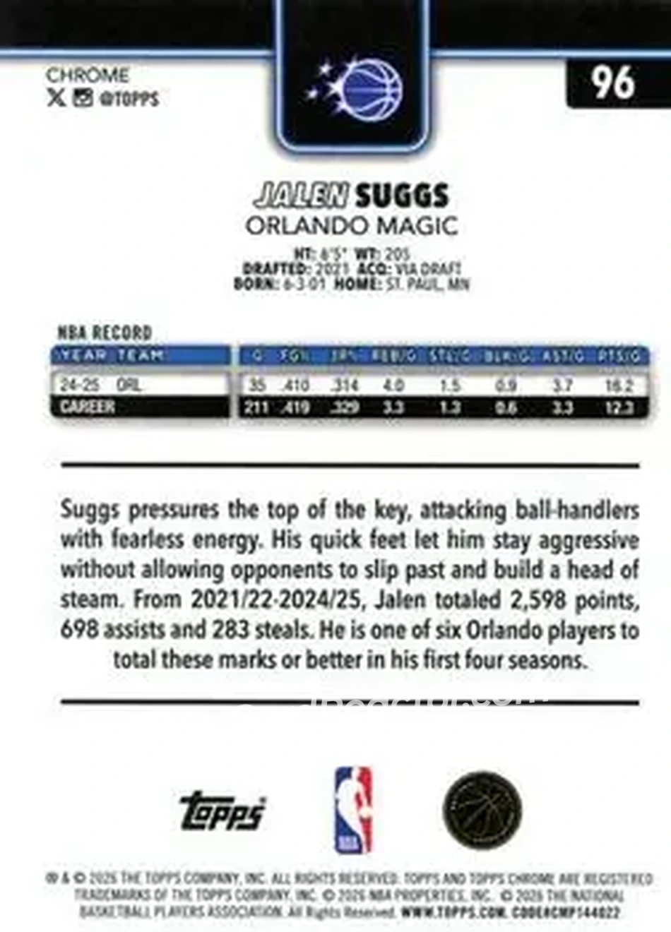 2025-26 Topps Chrome Update #96 - Jalen Suggs - Orlando Magic - Back