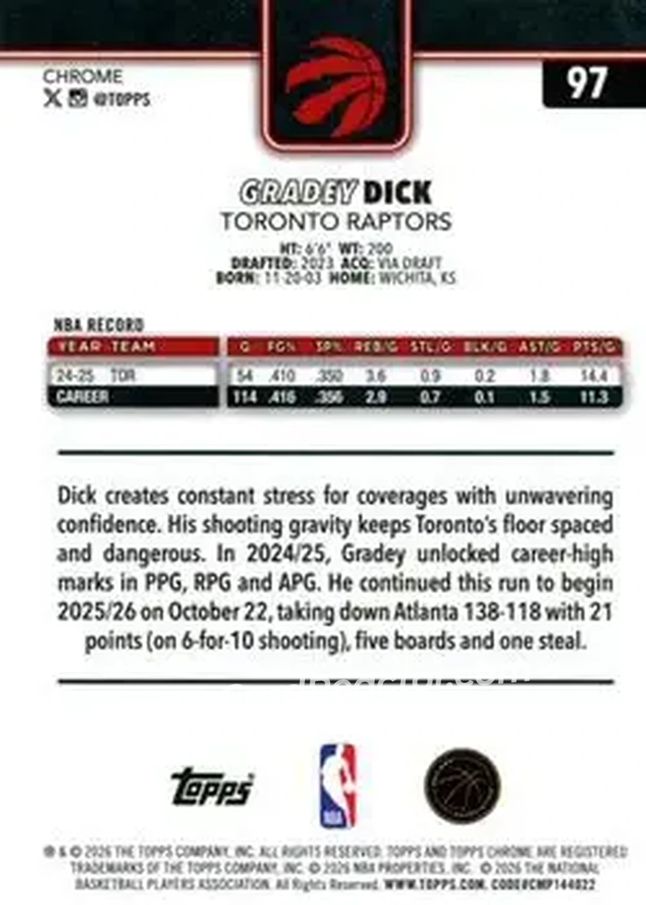 2025-26 Topps Chrome Update #97 - Gradey Dick - Toronto Raptors - Back
