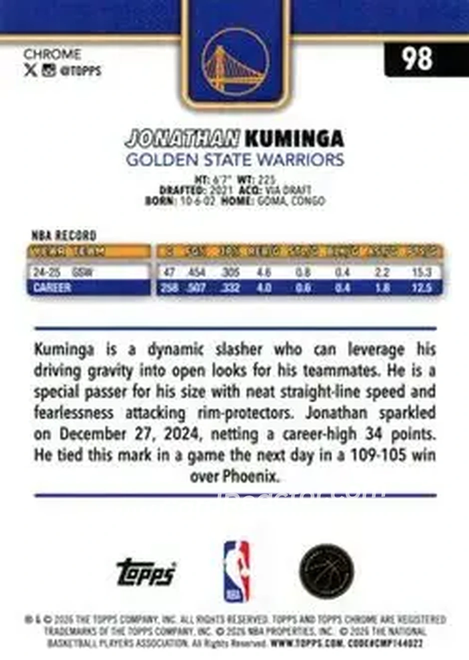 2025-26 Topps Chrome Update #98 - Jonathan Kuminga - Golden State Warriors - Back