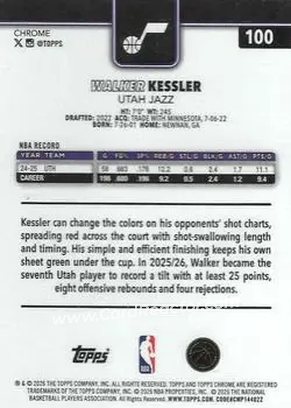 2025-26 Topps Chrome Update #100 - Walker Kessler - Utah Jazz - Back