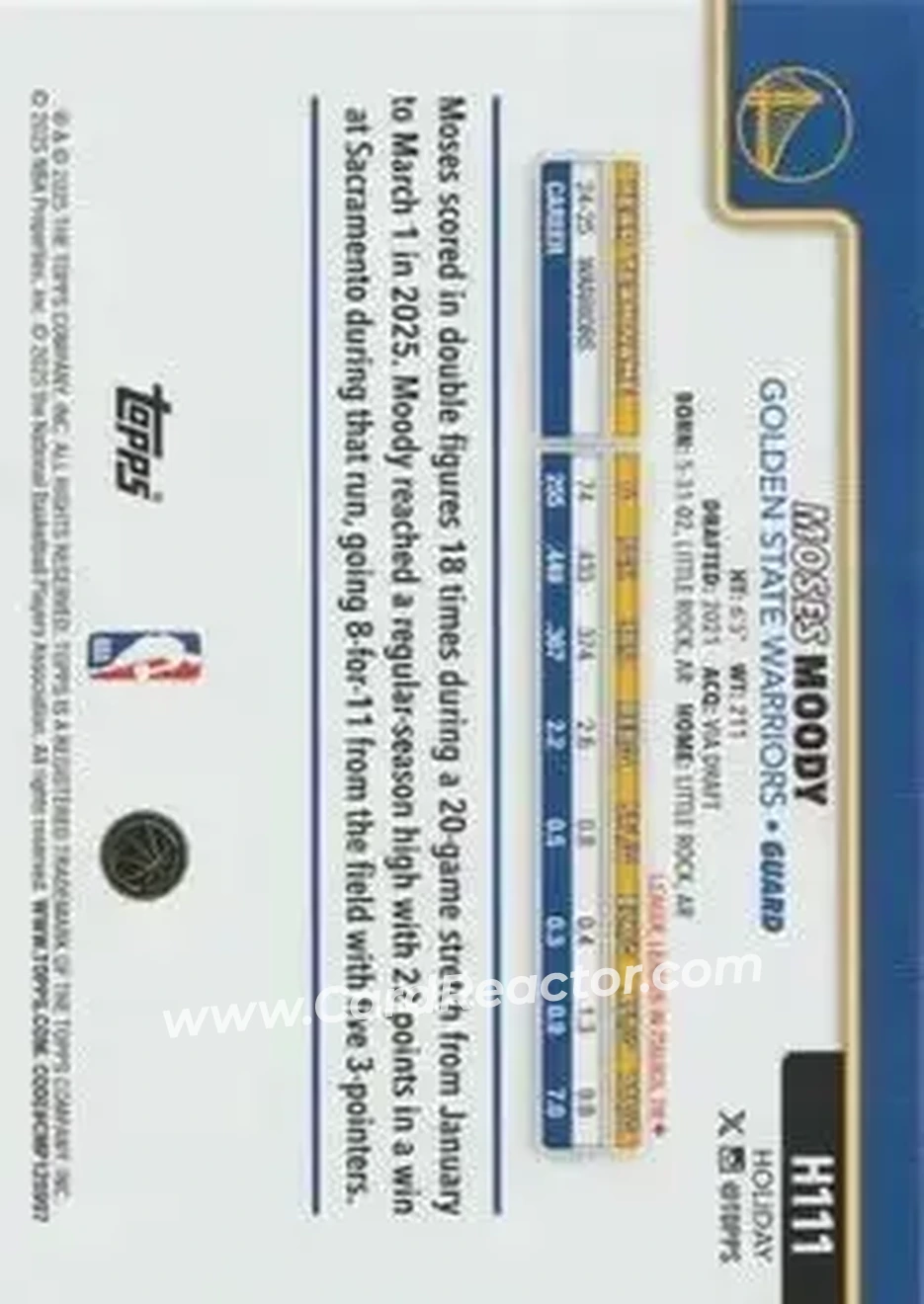2025-26 Topps Holiday #H111 - Moses Moody - Golden State Warriors - Back