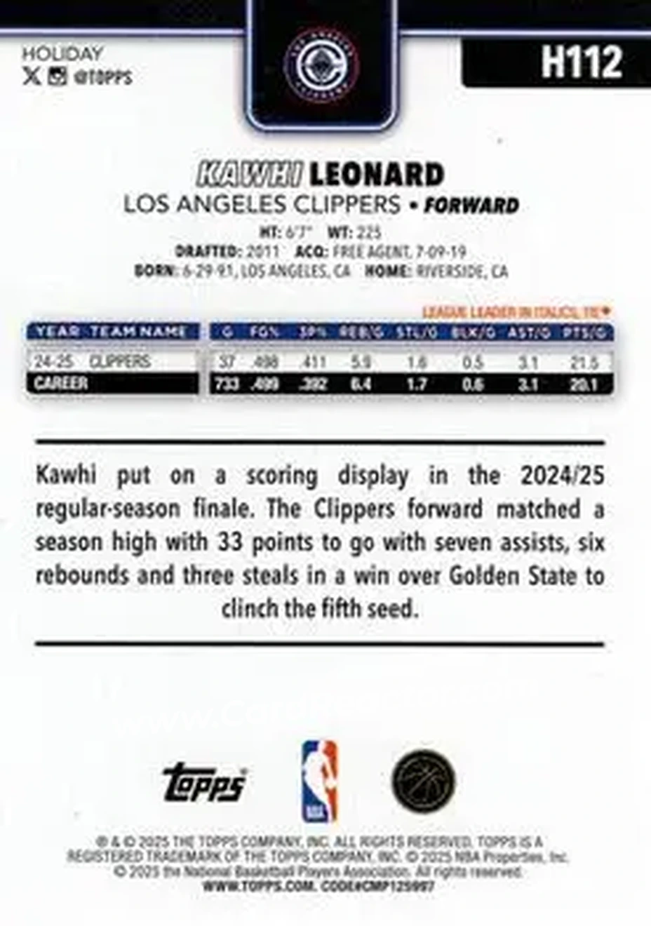 2025-26 Topps Holiday #H112 - Kawhi Leonard - Los Angeles Clippers - Back