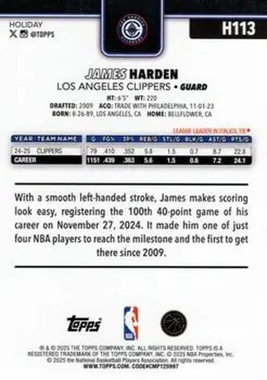 2025-26 Topps Holiday #H113 - James Harden - Los Angeles Clippers - Back 2025-26 Topps Holiday #H113 - James Harden - Los Angeles Clippers - Back