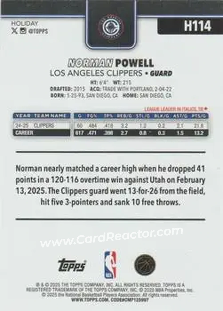 2025-26 Topps Holiday #H114 - Norman Powell - Los Angeles Clippers - Back