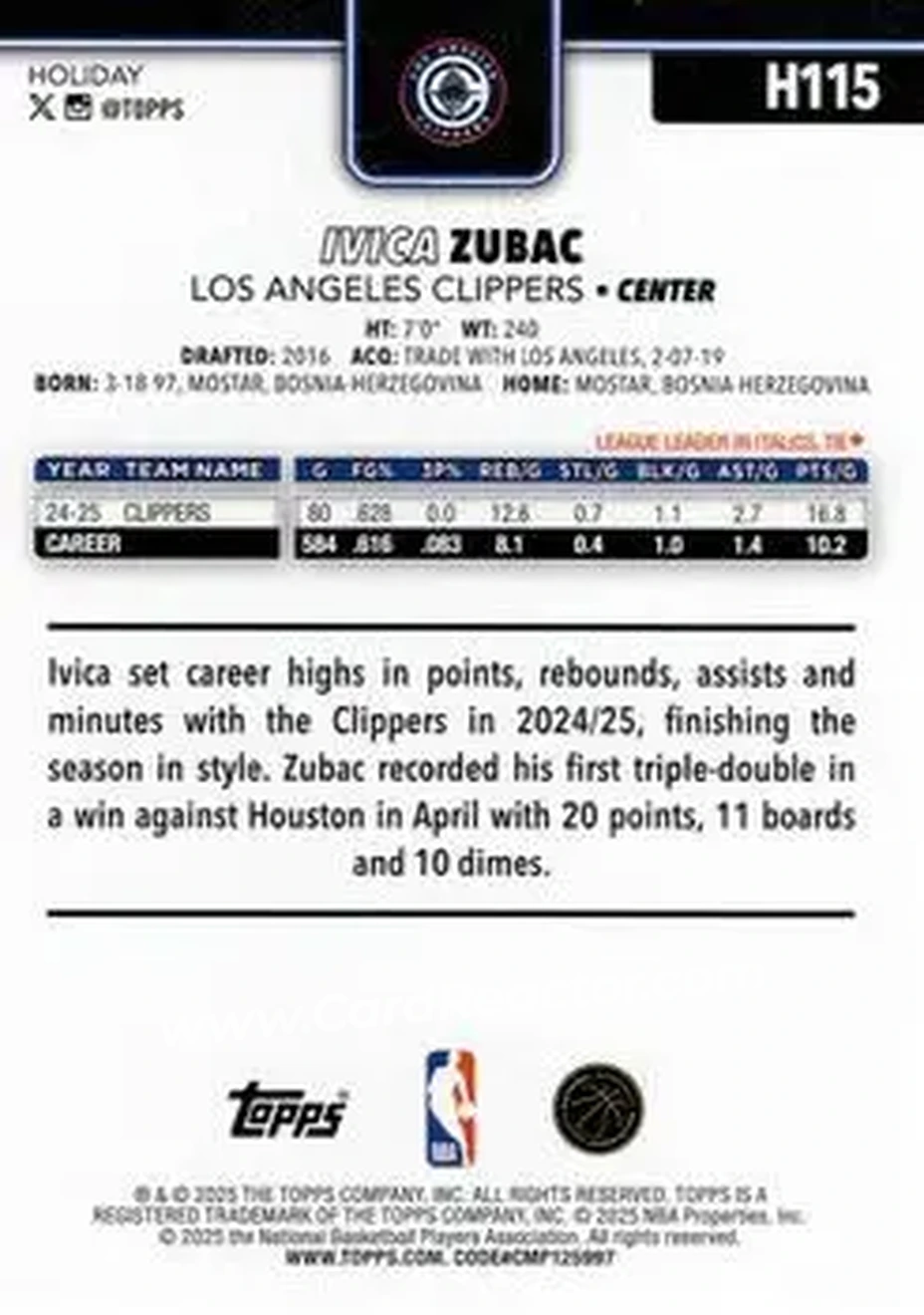 2025-26 Topps Holiday #H115 - Ivica Zubac - Los Angeles Clippers - Back