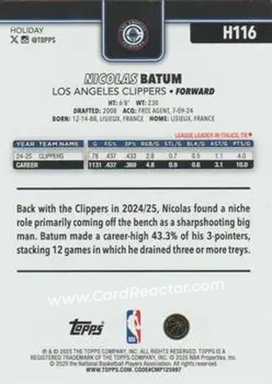 2025-26 Topps Holiday #H116 - Nicolas Batum - Los Angeles Clippers - Back 2025-26 Topps Holiday #H116 - Nicolas Batum - Los Angeles Clippers - Back