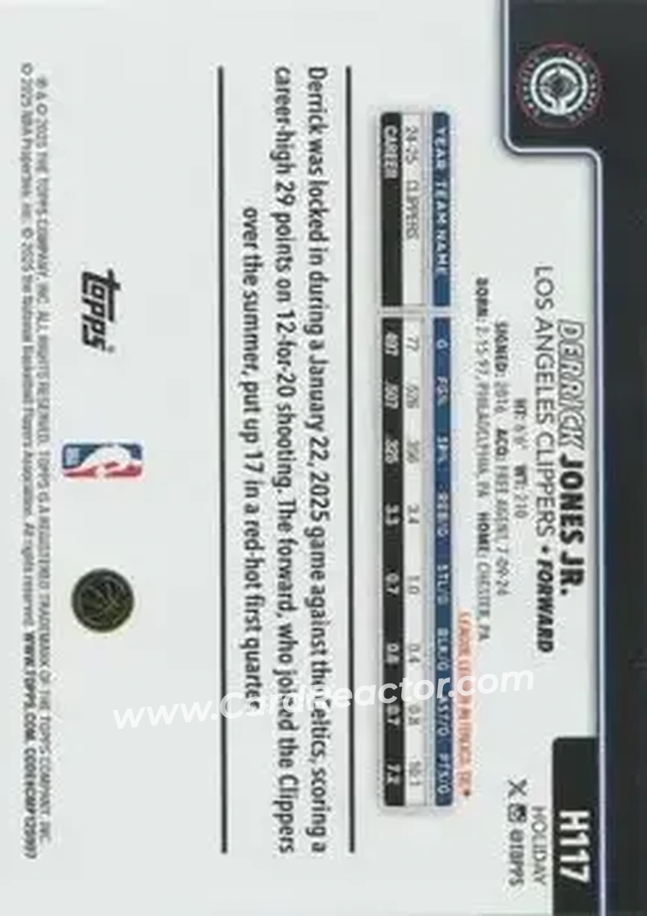 2025-26 Topps Holiday #H117 - Derrick Jones Jr. - Los Angeles Clippers - Back 2025-26 Topps Holiday #H117 - Derrick Jones Jr. - Los Angeles Clippers - Back