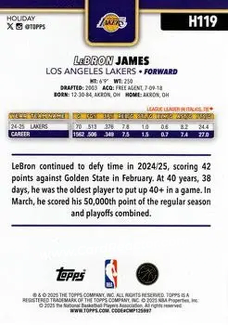 2025-26 Topps Holiday #H119 - LeBron James - Los Angeles Lakers - Back