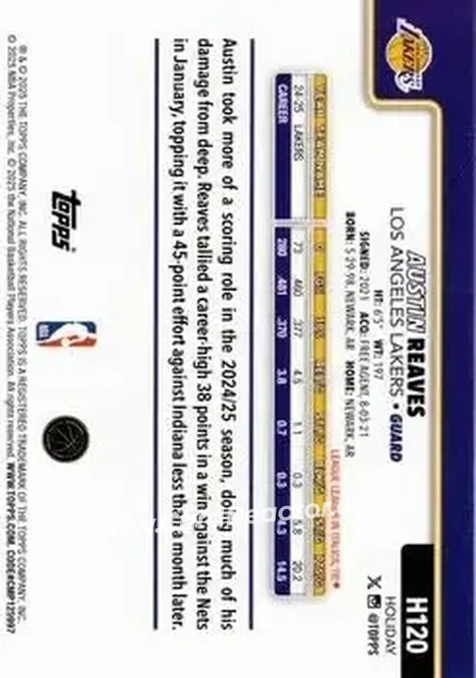 2025-26 Topps Holiday #H120 - Austin Reaves - Los Angeles Lakers - Back 2025-26 Topps Holiday #H120 - Austin Reaves - Los Angeles Lakers - Back