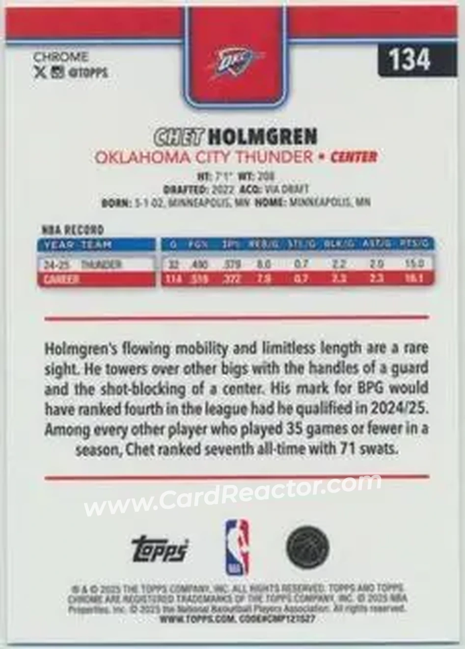 2025-26 Topps Chrome Sapphire Edition #134 - Chet Holmgren - Oklahoma City Thunder - Back 2025-26 Topps Chrome Sapphire Edition #134 - Chet Holmgren - Oklahoma City Thunder - Back