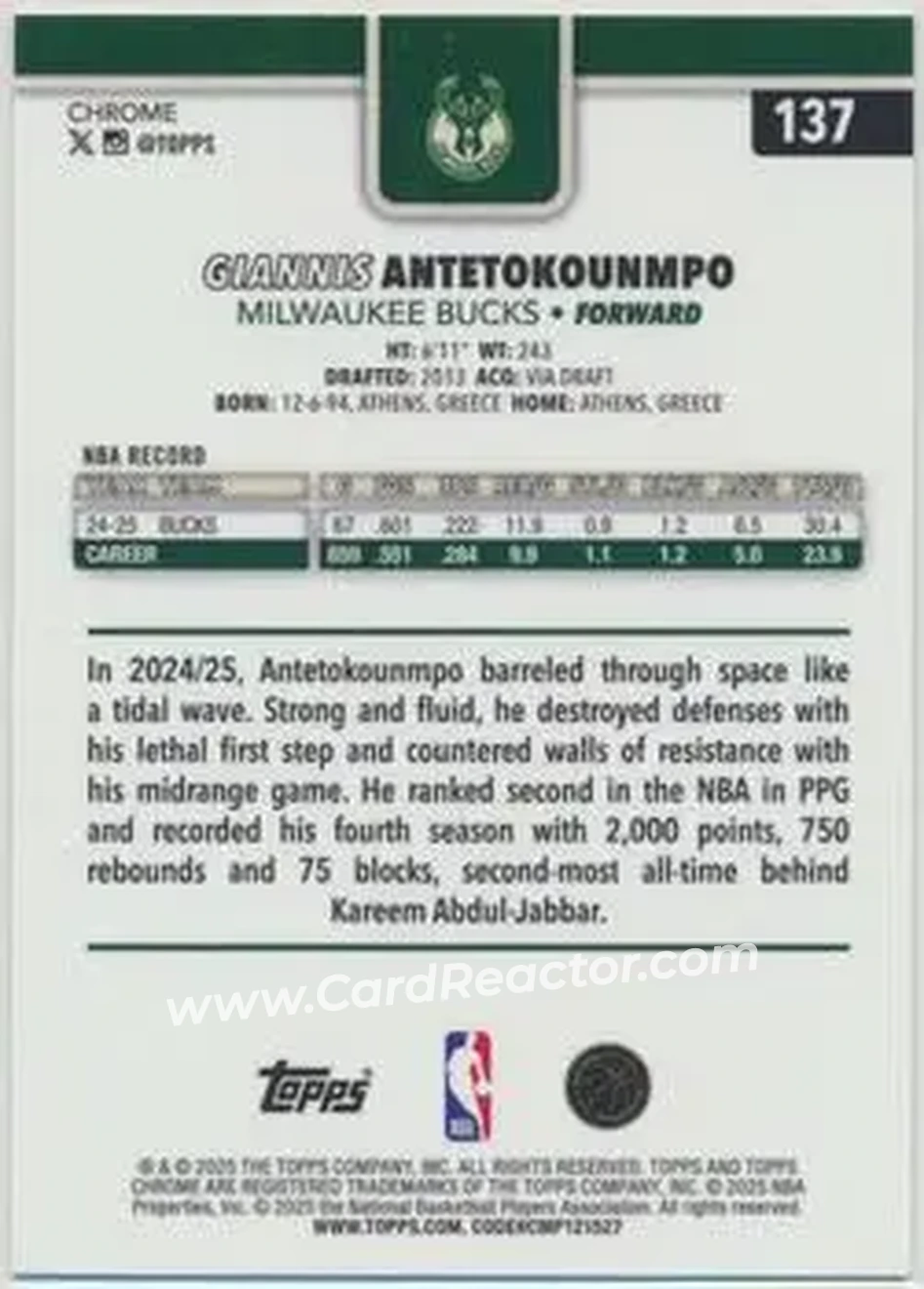 2025-26 Topps Chrome Sapphire Edition #137 - Giannis Antetokounmpo - Milwaukee Bucks - Back 2025-26 Topps Chrome Sapphire Edition #137 - Giannis Antetokounmpo - Milwaukee Bucks - Back
