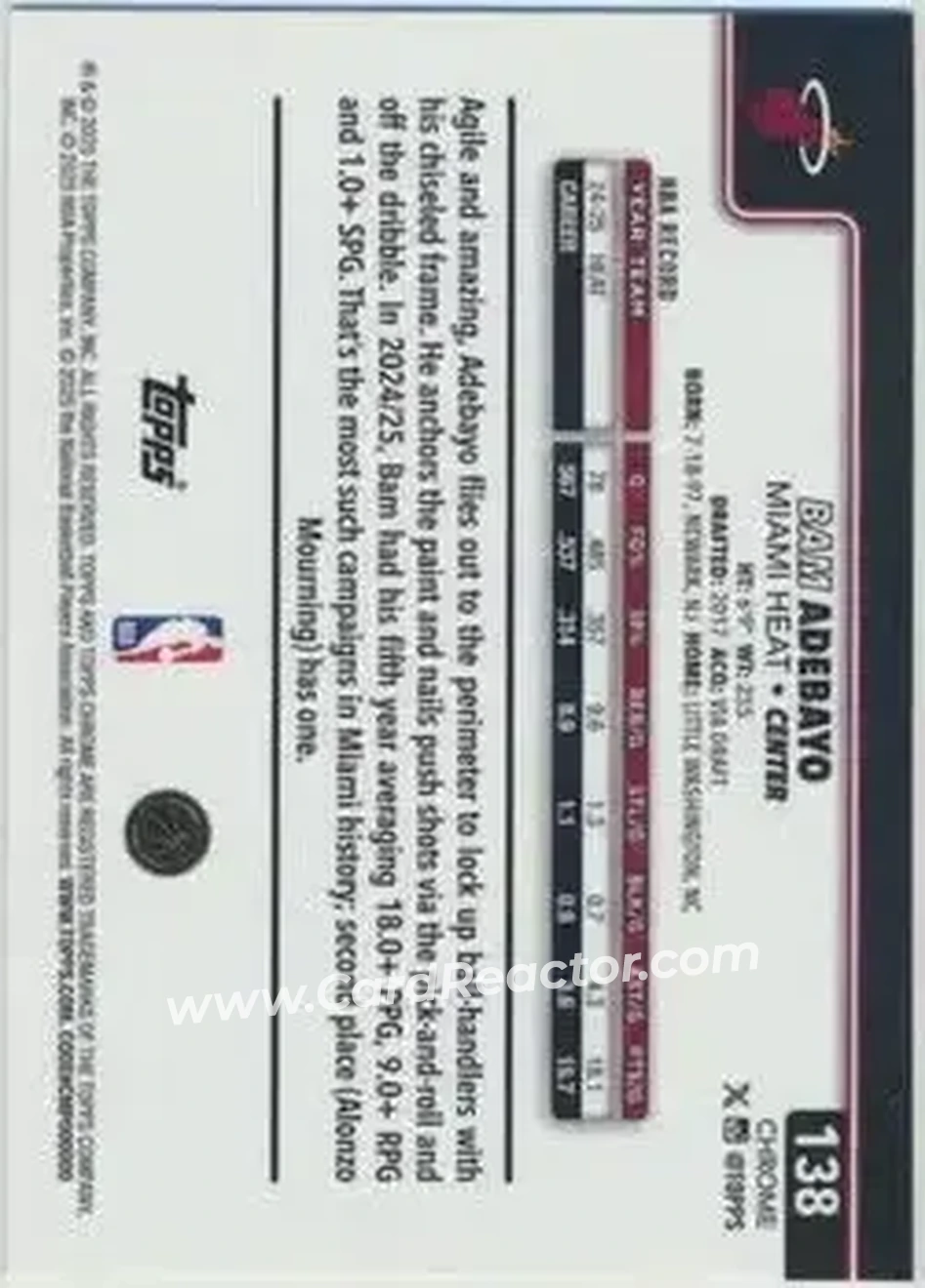 2025-26 Topps Chrome Sapphire Edition #138 - Bam Adebayo - Miami Heat - Back 2025-26 Topps Chrome Sapphire Edition #138 - Bam Adebayo - Miami Heat - Back