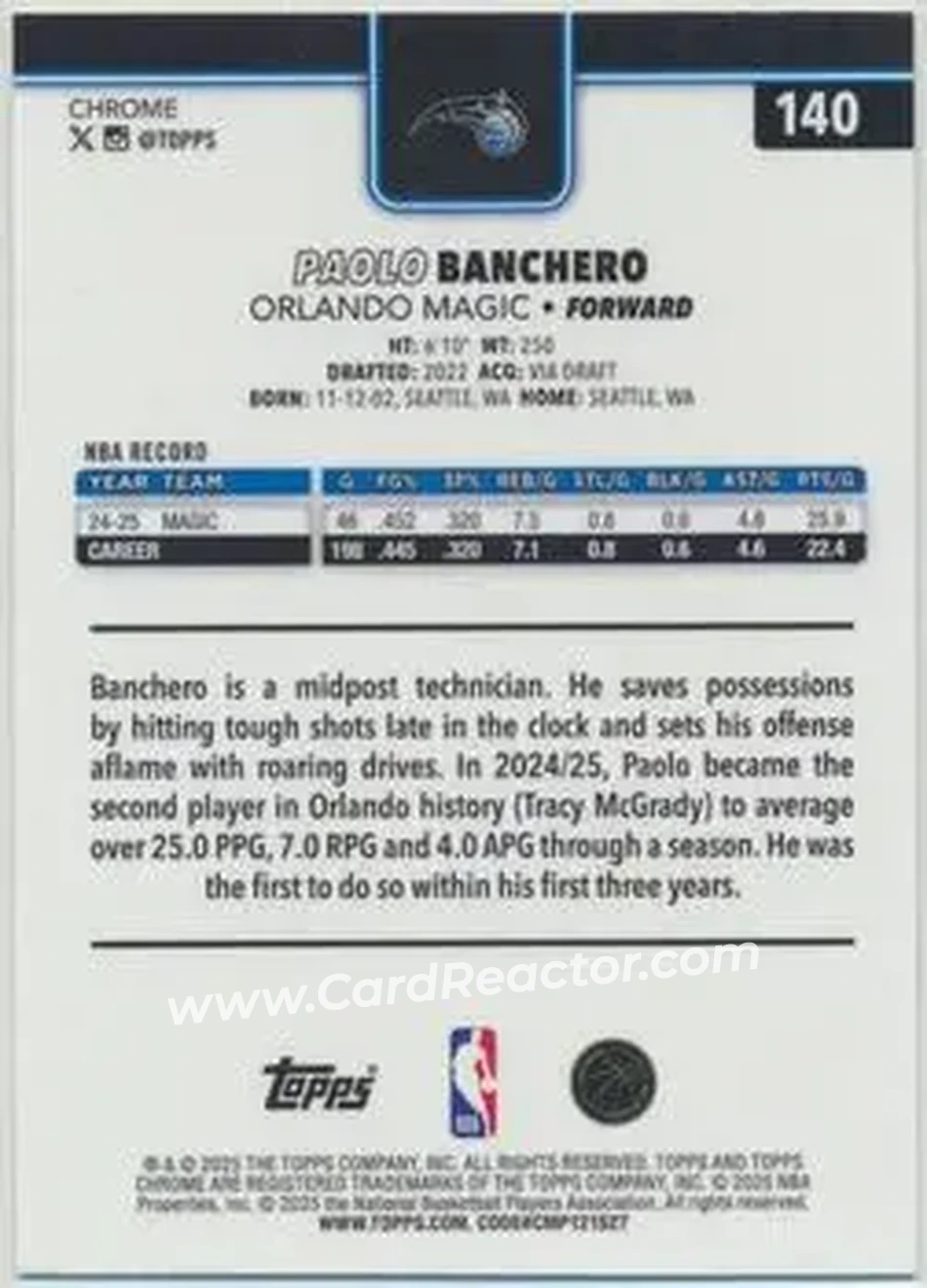 2025-26 Topps Chrome Sapphire Edition #140 - Paolo Banchero - Orlando Magic - Back 2025-26 Topps Chrome Sapphire Edition #140 - Paolo Banchero - Orlando Magic - Back