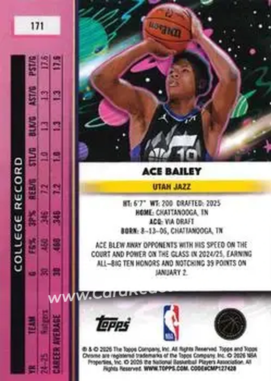 2025-26 Topps Chrome Cosmic #171 - Ace Bailey - Utah Jazz - Back