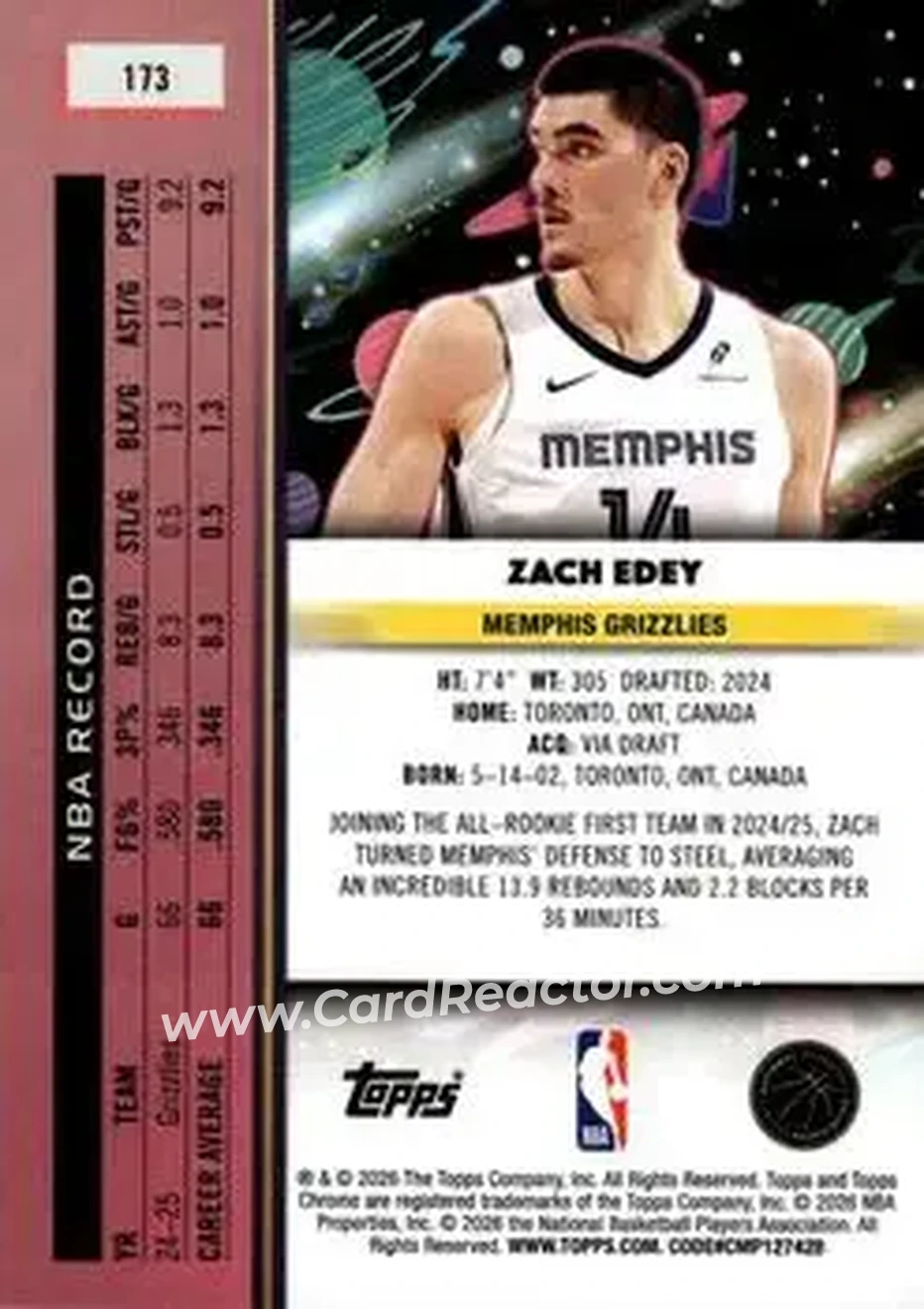 2025-26 Topps Chrome Cosmic #173 - Zach Edey - Memphis Grizzlies - Back