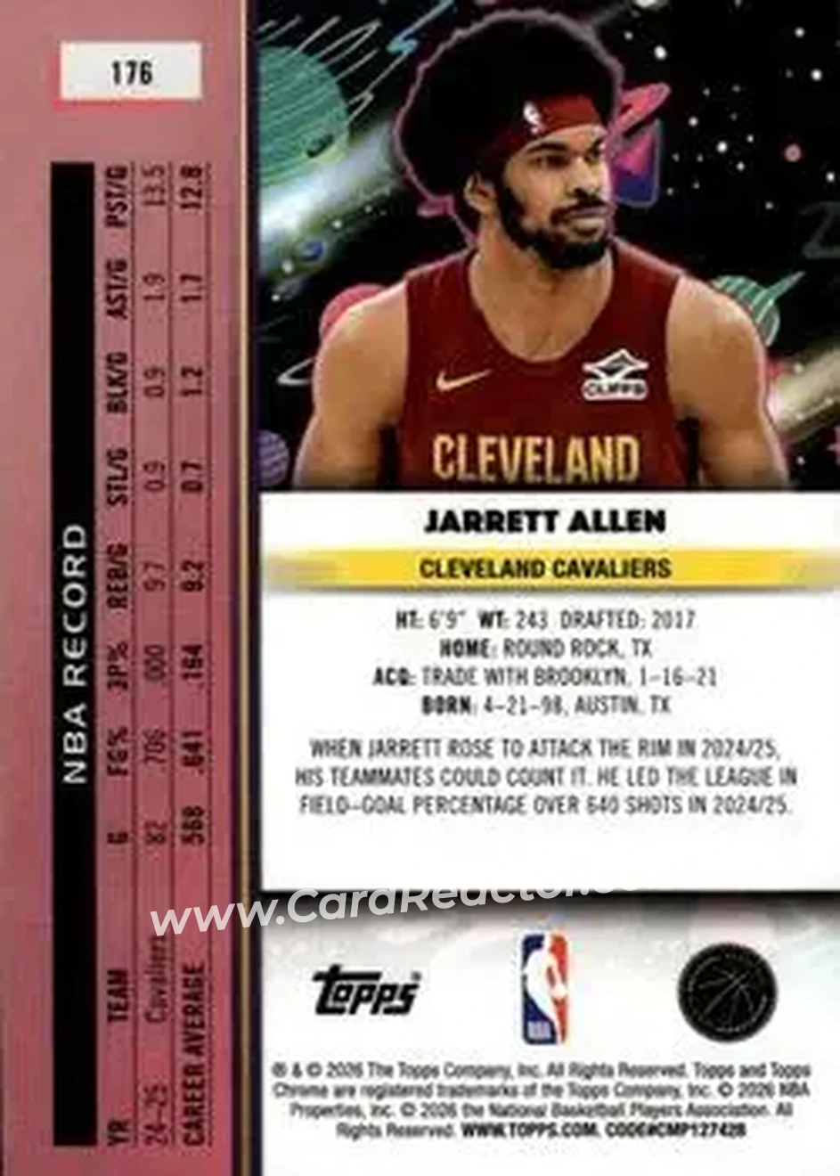 2025-26 Topps Chrome Cosmic #176 - Jarrett Allen - Cleveland Cavaliers - Back