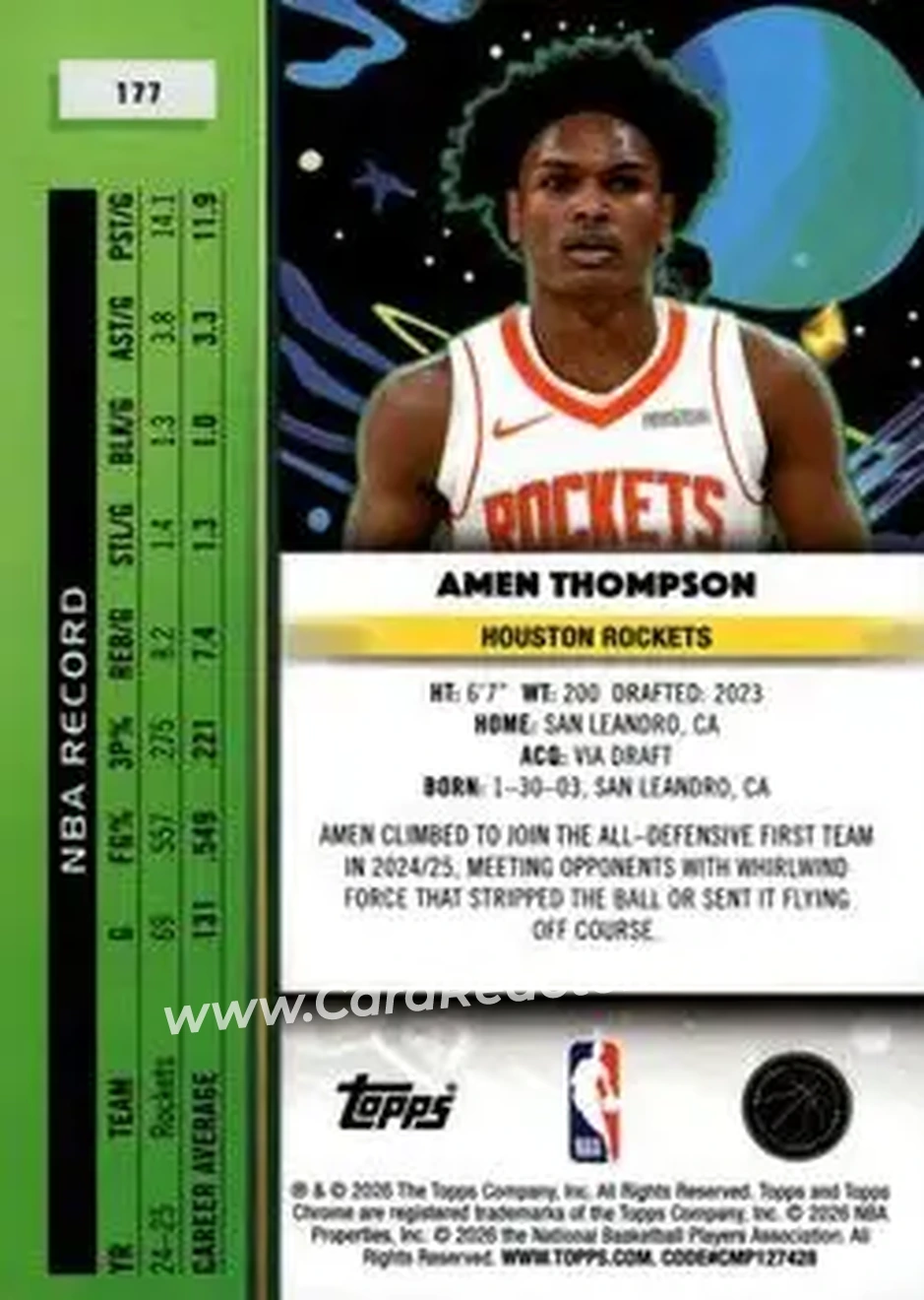 2025-26 Topps Chrome Cosmic #177 - Amen Thompson - Houston Rockets - Back