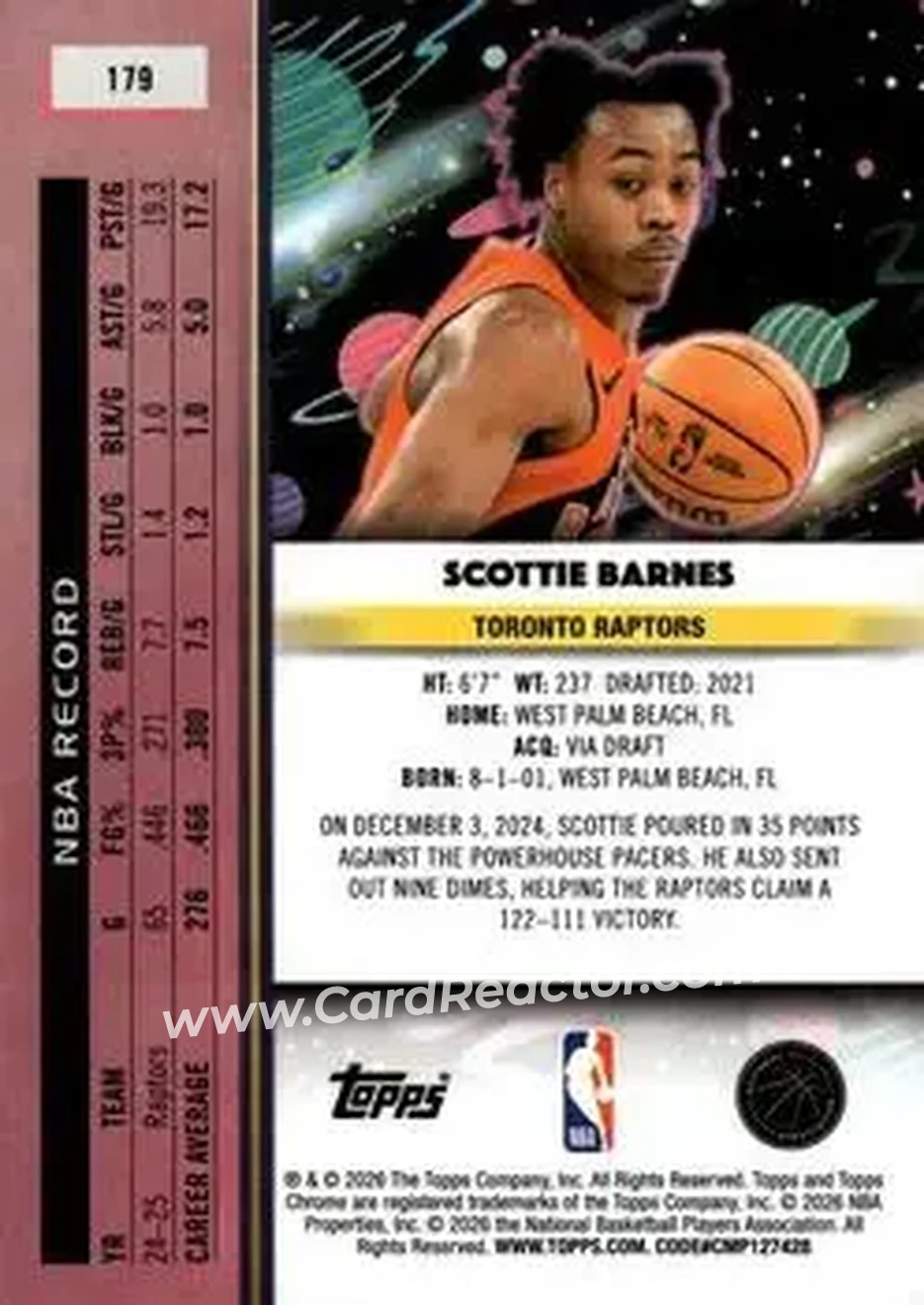 2025-26 Topps Chrome Cosmic #179 - Scottie Barnes - Toronto Raptors - Back 2025-26 Topps Chrome Cosmic #179 - Scottie Barnes - Toronto Raptors - Back