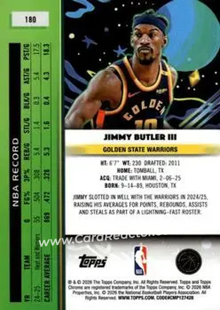 2025-26 Topps Chrome Cosmic #180 - Jimmy Butler - Golden State Warriors - Back 2025-26 Topps Chrome Cosmic #180 - Jimmy Butler - Golden State Warriors - Back