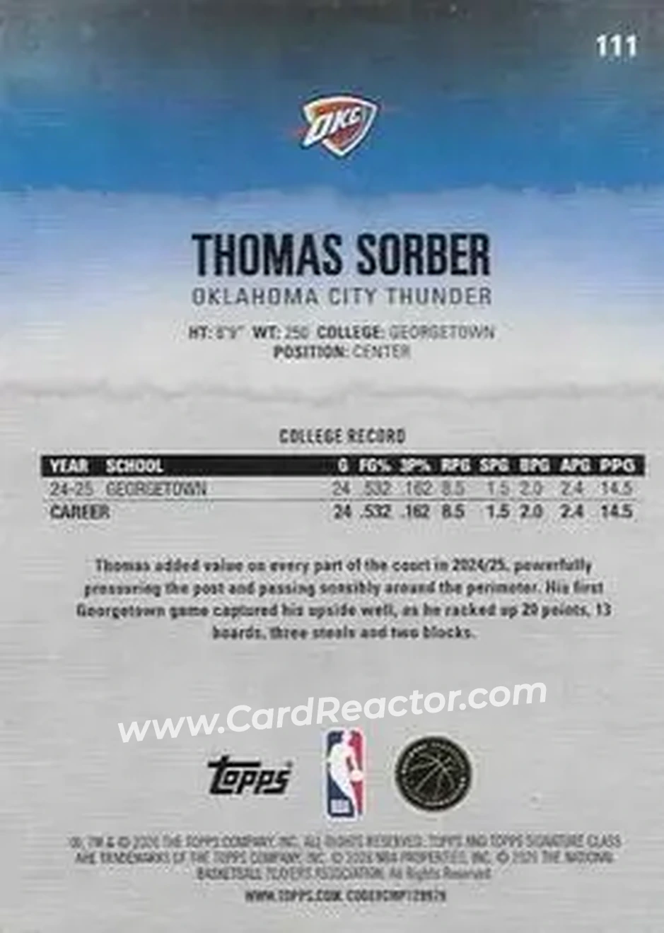 2025-26 Topps Signature Class #111 - Thomas Sorber - Oklahoma City Thunder - Back 2025-26 Topps Signature Class #111 - Thomas Sorber - Oklahoma City Thunder - Back