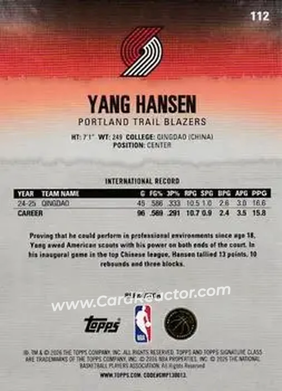 2025-26 Topps Signature Class #112 - Yang Hansen - Portland Trail Blazers - Back