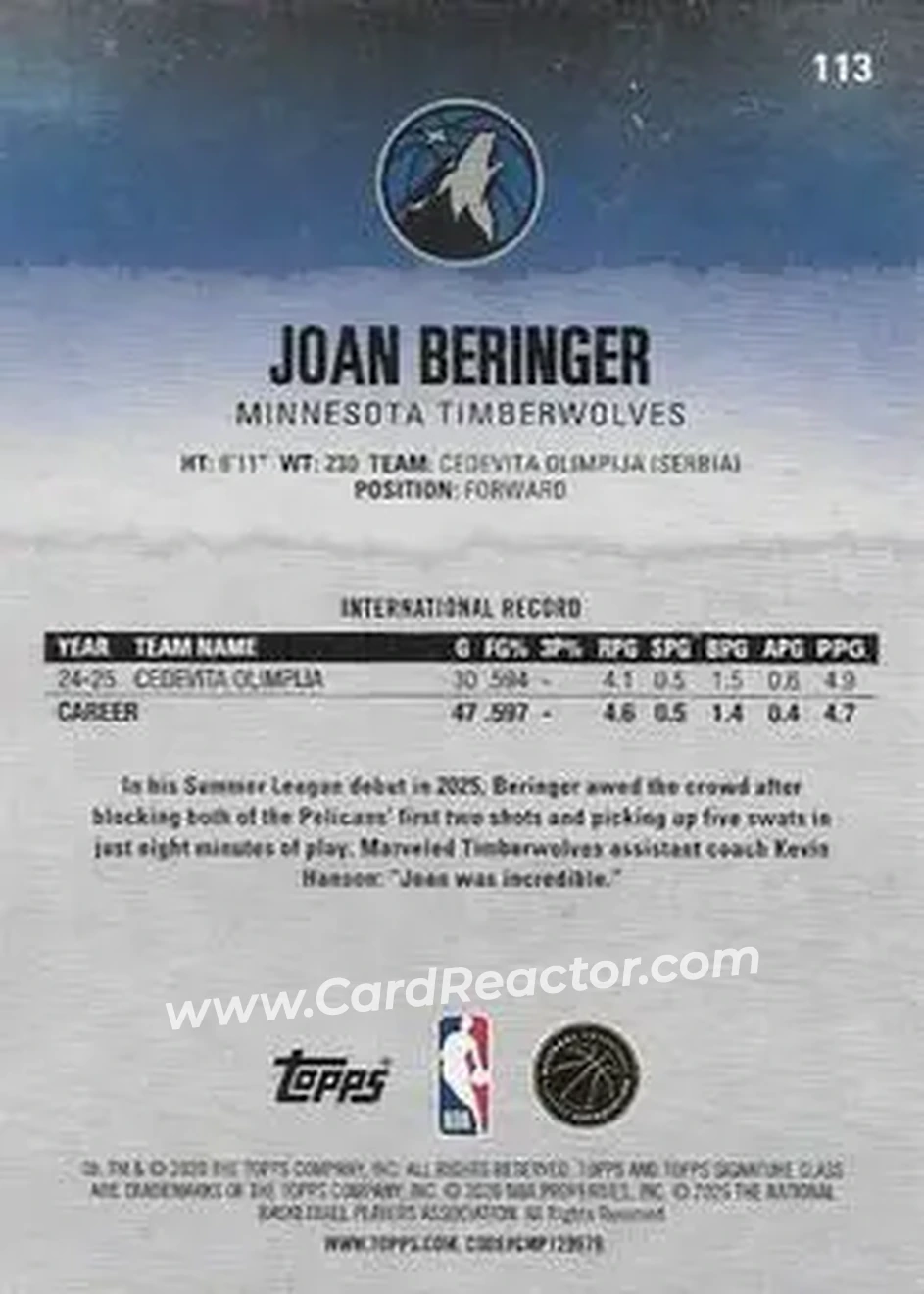 2025-26 Topps Signature Class #113 - Joan Beringer - Minnesota Timberwolves - Back