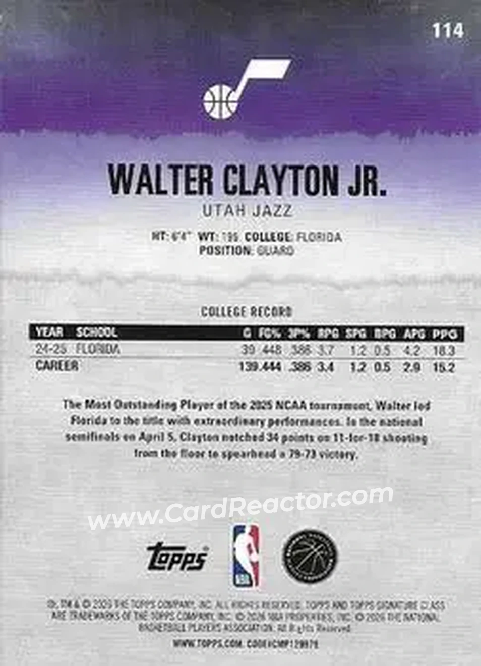 2025-26 Topps Signature Class #114 - Walter Clayton Jr. - Utah Jazz - Back 2025-26 Topps Signature Class #114 - Walter Clayton Jr. - Utah Jazz - Back