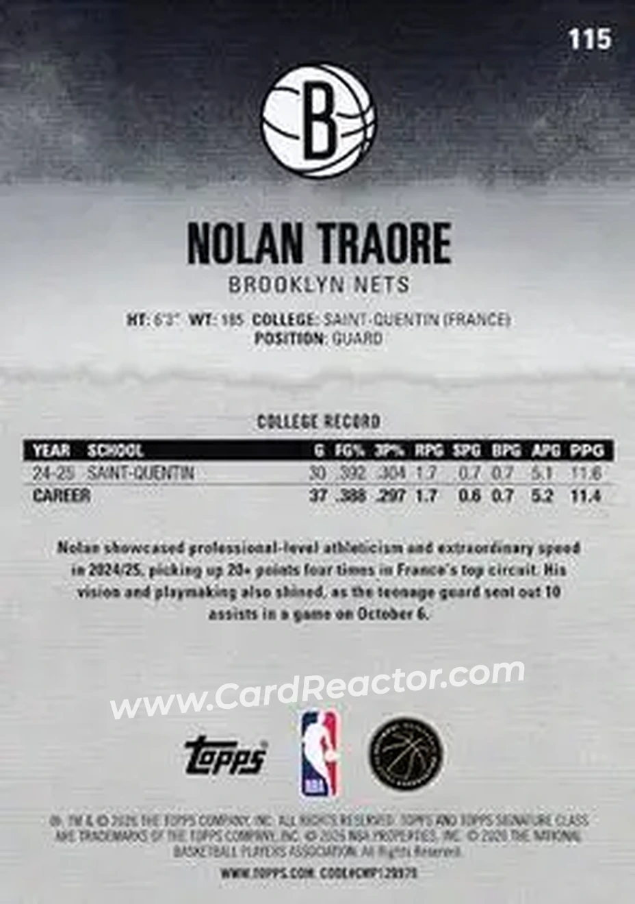 2025-26 Topps Signature Class #115 - Nolan Traoré - Brooklyn Nets - Back
