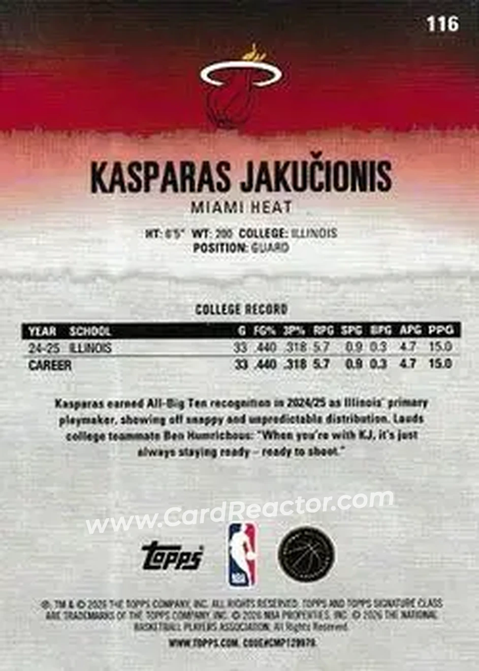 2025-26 Topps Signature Class #116 - Kasparas Jakučionis - Miami Heat - Back 2025-26 Topps Signature Class #116 - Kasparas Jakučionis - Miami Heat - Back