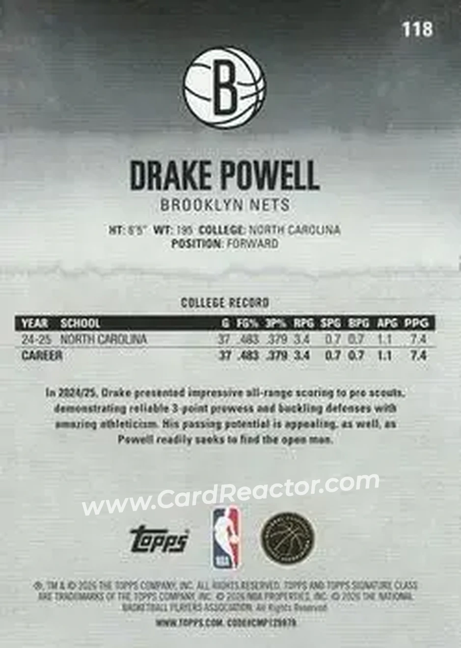 2025-26 Topps Signature Class #118 - Drake Powell - Brooklyn Nets - Back 2025-26 Topps Signature Class #118 - Drake Powell - Brooklyn Nets - Back
