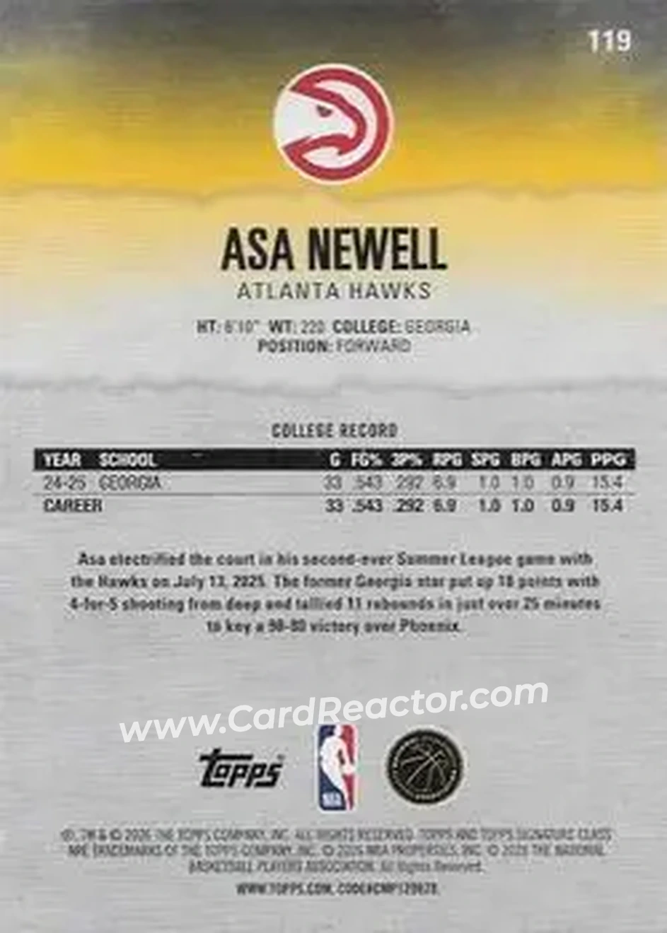 2025-26 Topps Signature Class #119 - Asa Newell - Atlanta Hawks - Back