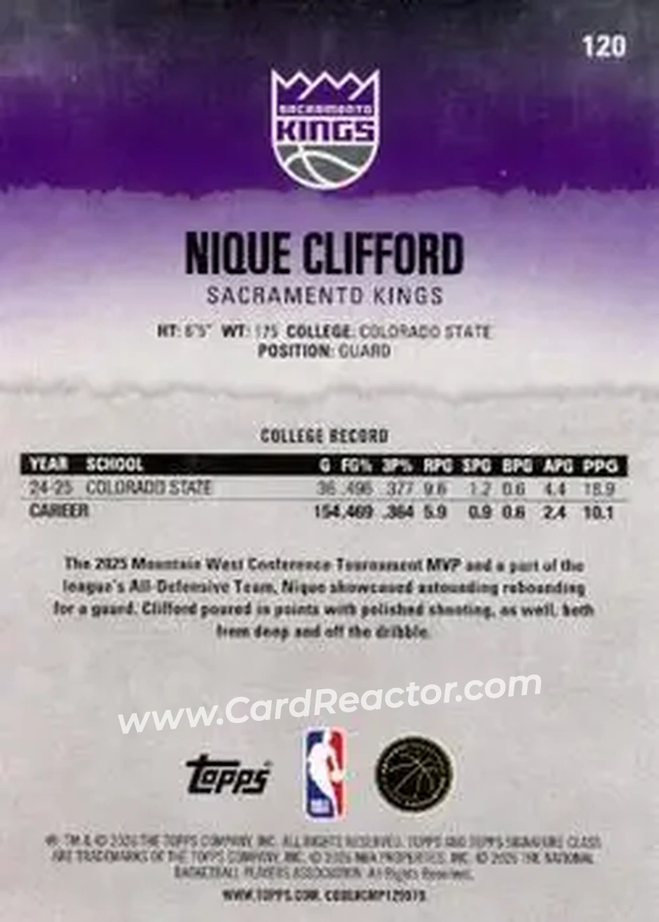 2025-26 Topps Signature Class #120 - Nique Clifford - Sacramento Kings - Back 2025-26 Topps Signature Class #120 - Nique Clifford - Sacramento Kings - Back