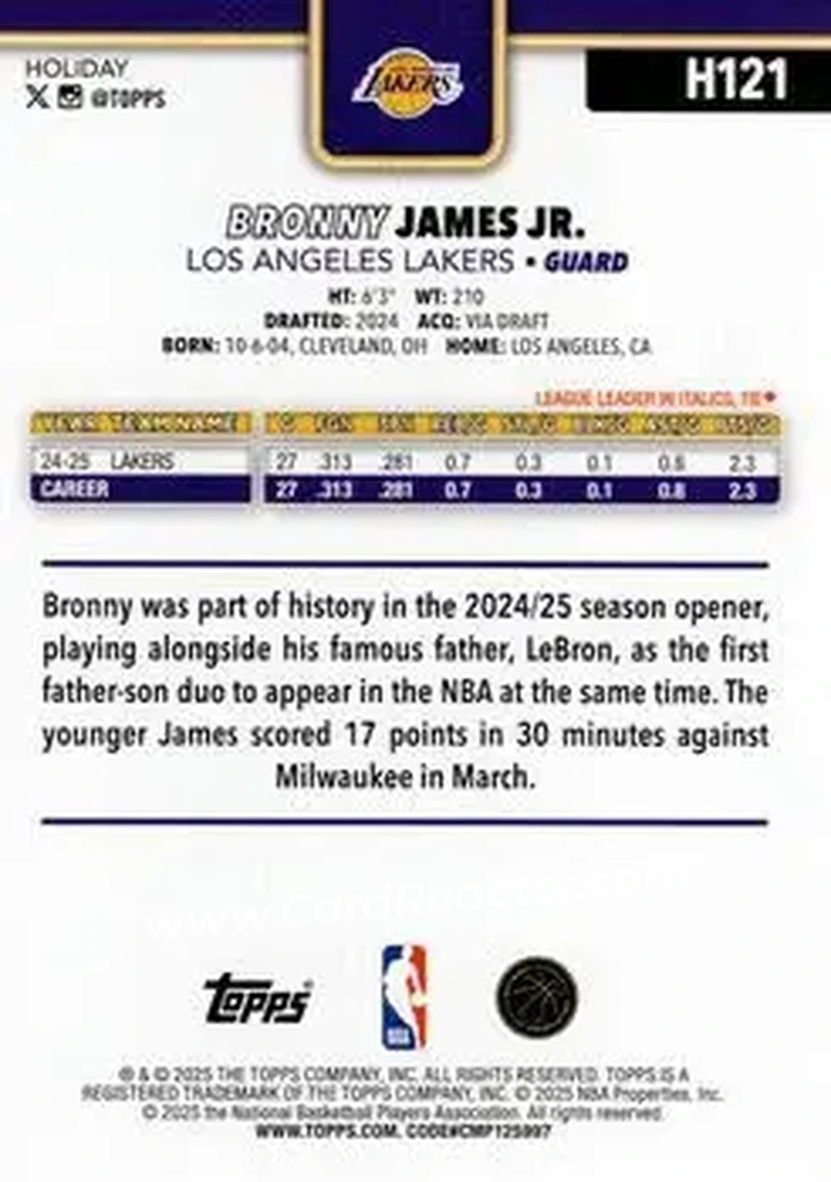 2025-26 Topps Holiday #H121 - Bronny James - Los Angeles Lakers - Back 2025-26 Topps Holiday #H121 - Bronny James - Los Angeles Lakers - Back