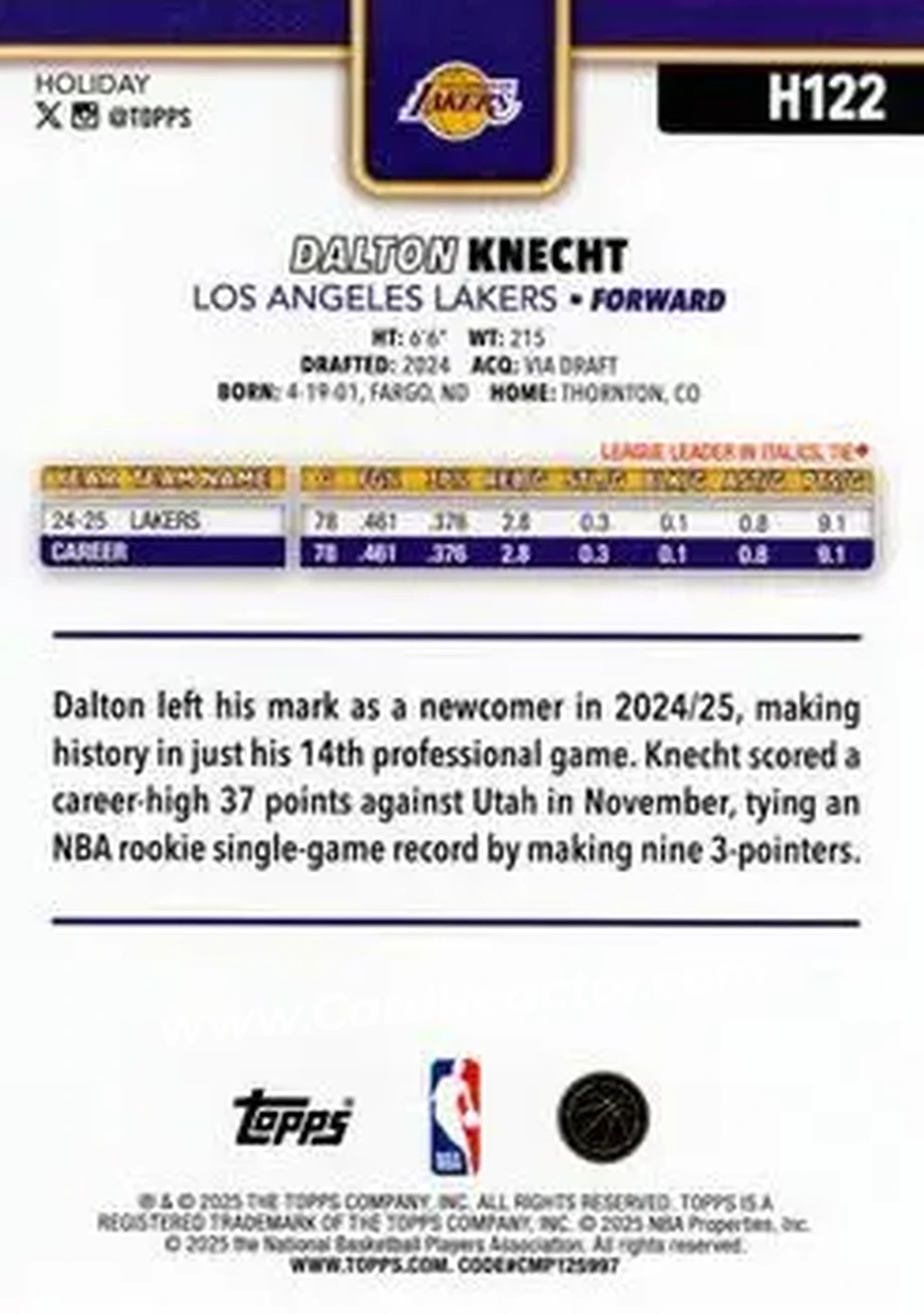 2025-26 Topps Holiday #H122 - Dalton Knecht - Los Angeles Lakers - Back 2025-26 Topps Holiday #H122 - Dalton Knecht - Los Angeles Lakers - Back