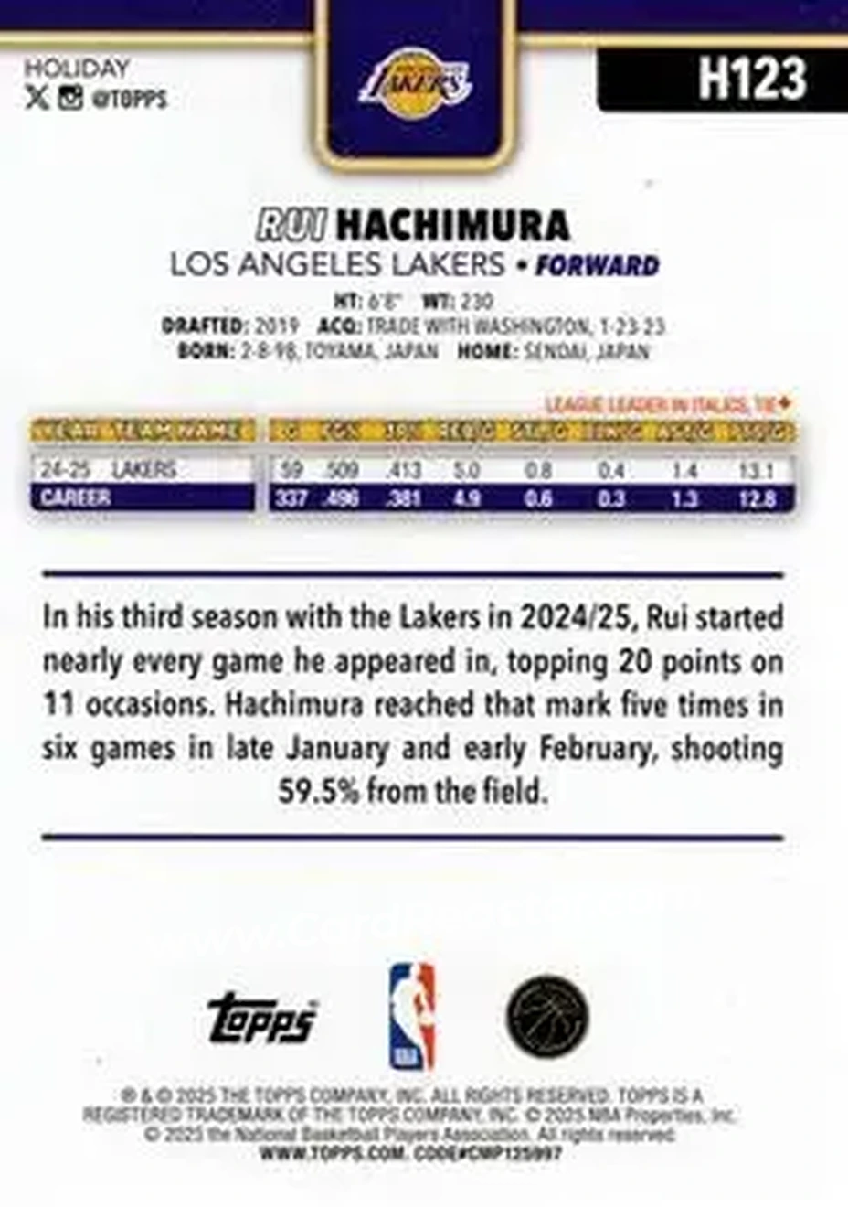 2025-26 Topps Holiday #H123 - Rui Hachimura - Los Angeles Lakers - Back 2025-26 Topps Holiday #H123 - Rui Hachimura - Los Angeles Lakers - Back