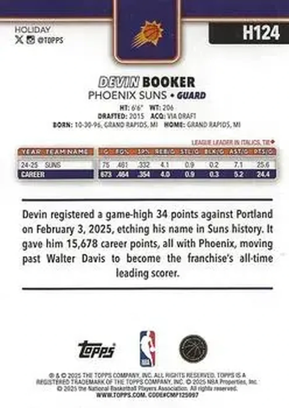 2025-26 Topps Holiday #H124 - Devin Booker - Phoenix Suns - Back 2025-26 Topps Holiday #H124 - Devin Booker - Phoenix Suns - Back