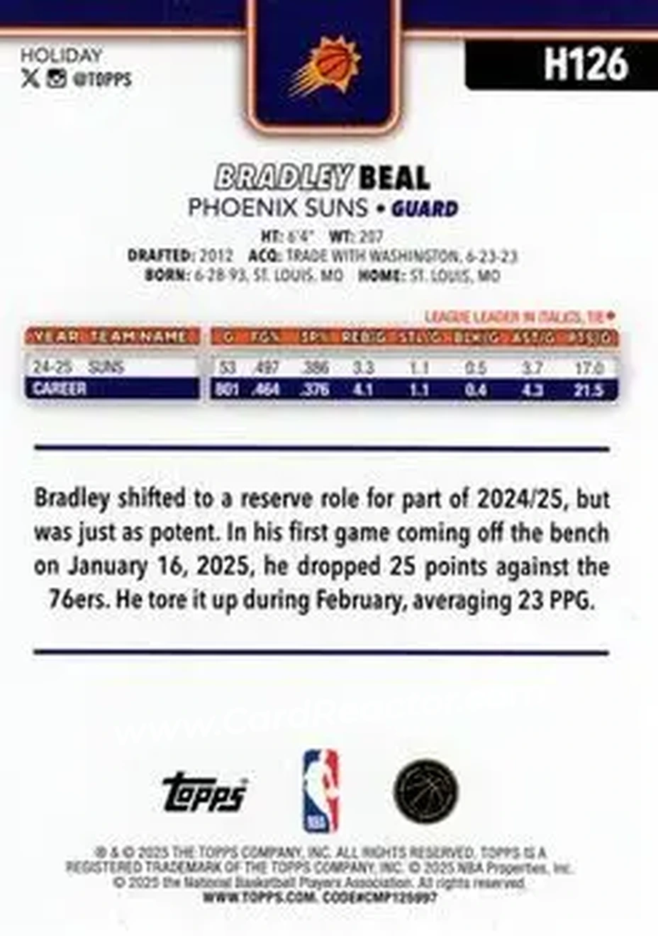 2025-26 Topps Holiday #H126 - Bradley Beal - Phoenix Suns - Back 2025-26 Topps Holiday #H126 - Bradley Beal - Phoenix Suns - Back