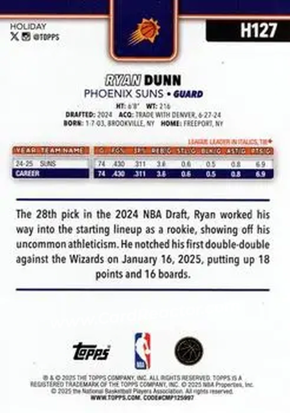 2025-26 Topps Holiday #H127 - Ryan Dunn - Phoenix Suns - Back 2025-26 Topps Holiday #H127 - Ryan Dunn - Phoenix Suns - Back